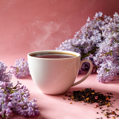 Warm Cup of Tea Next to Lilac Flowers on a Pink Background