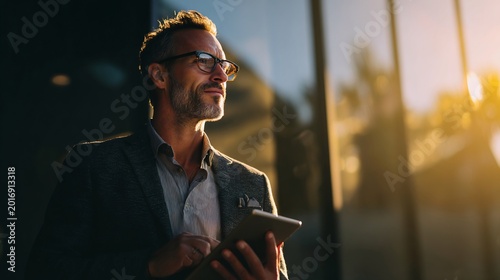 A thoughtful Caucasian man in glasses holds a tablet, bathed in warm evening light, exuding confidence and contemplation.