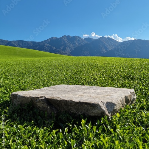 Green Field With a Stone in Front of Mountains on a Sunny Day