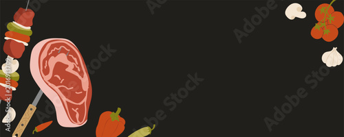 Photos A dark barbecue background with copy space featuring a raw steak on a meat fork surrounded by fresh vegetables and a shish kebab skewer