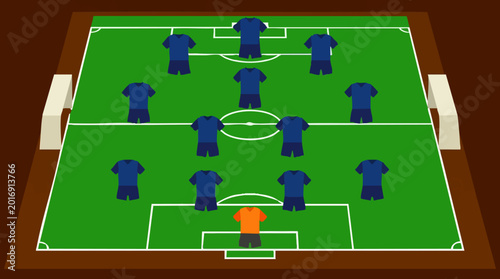 Tableau sur toile Soccer team formation on a green field with players and goalkeeper