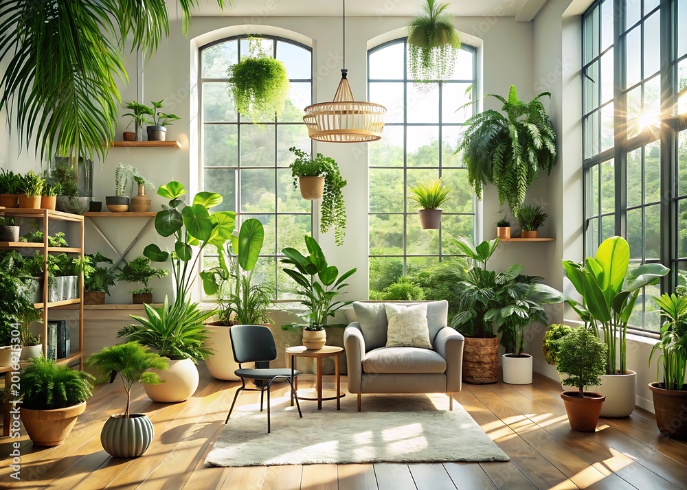 Fototapeta premium Serene Indoor Space with Abundant Natural Light and Lush Green Houseplants in Minimal Interior Elegant Contemporary Calm Living Environment Design Scene