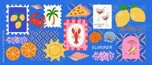 A set of summer stickers and stamps featuring the Amalfi Coast. Icons of a lemon, crab, lobster, and sun for vacation-themed postcards. Mediterranean vacation concept.