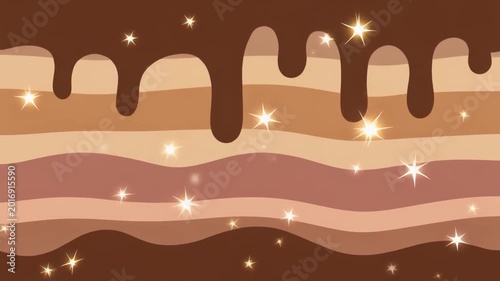 Digital illustration of a chocolate dessert with sparkles and layered colors on a white background