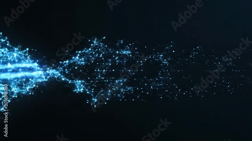 Abstract glowing blue particles connecting and expanding in a dark, mysterious digital network, creating a futuristic and technological representation of data flow