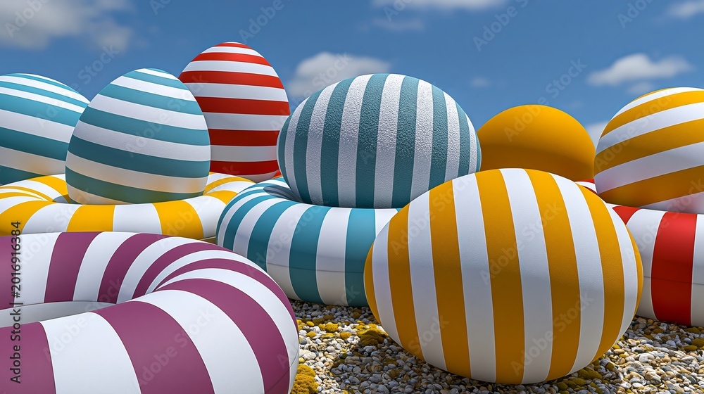 Obraz premium Colorful striped eggs and inflatable rings arranged on a sandy beach under a clear blue sky, creating a vibrant summer scene