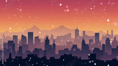 Snowfall over a city skyline at sunset with mountains in the background