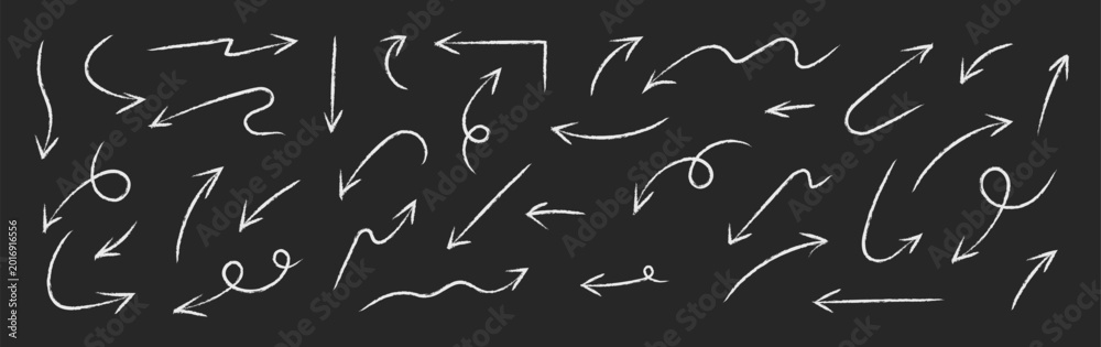 Fototapeta premium Arrow drawn hand vector line icon set. Hand drawn brush chalk stroke arrow curve, thin pencil scribble shape with vintage charcoal crayon texture. Doodle up down arrow symbol. Vector illustration