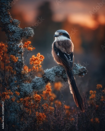 Long-tailed Tit perched on a lichen-covered branch with orange flowers