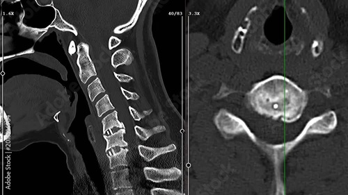 Sagittal and axial CT scans of the cervical spine showing intervertebral disc spacers and spinal fusion hardware at multiple levels for medical imaging and neurosurgery documentation. 