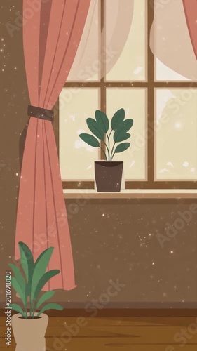 Illustration of a potted plant on a windowsill with pink curtains and another plant indoors
