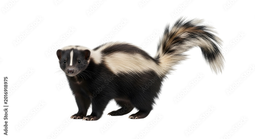 Fototapeta premium A small striped skunk standing on the ground isolated on transparent background