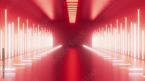 Futuristic red neon corridor with light lines and smooth floor background.