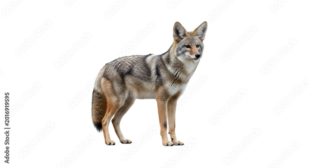 Obraz premium Full body portrait of a wild north american coyote standing isolated on transparent background