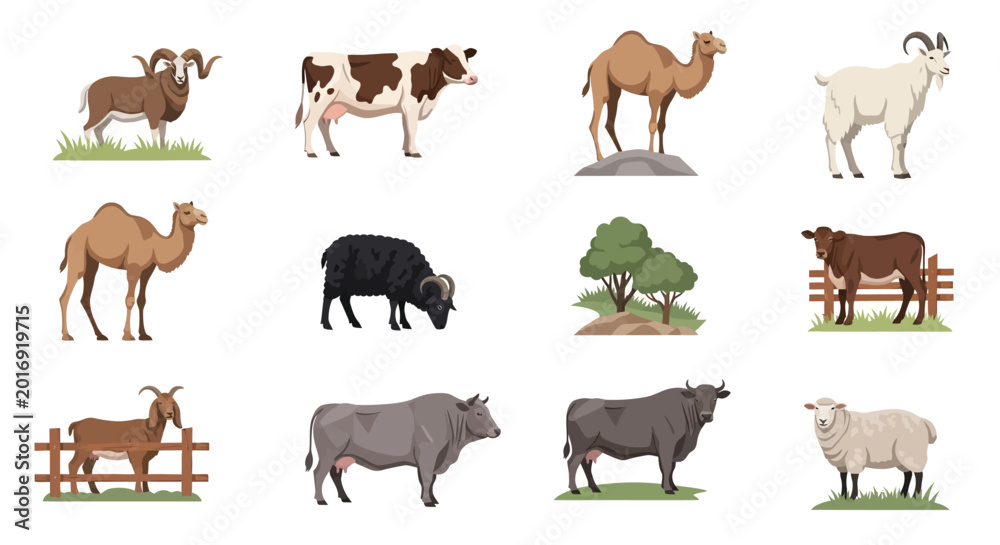 Obraz premium Diverse Herd of Farm Animals Including Cows, Sheep, and Horses
