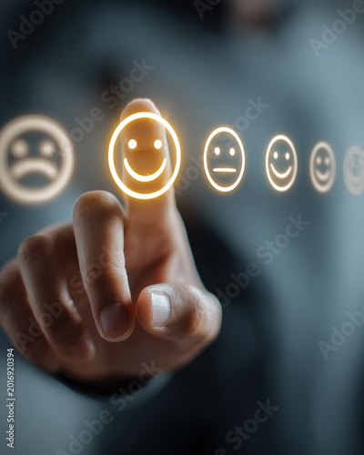 Hand touching a glowing happy smiley face for customer feedback