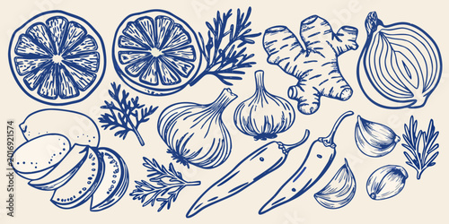 Bild auf Leinwand culinary ingredients sketch blue line drawing on beige background