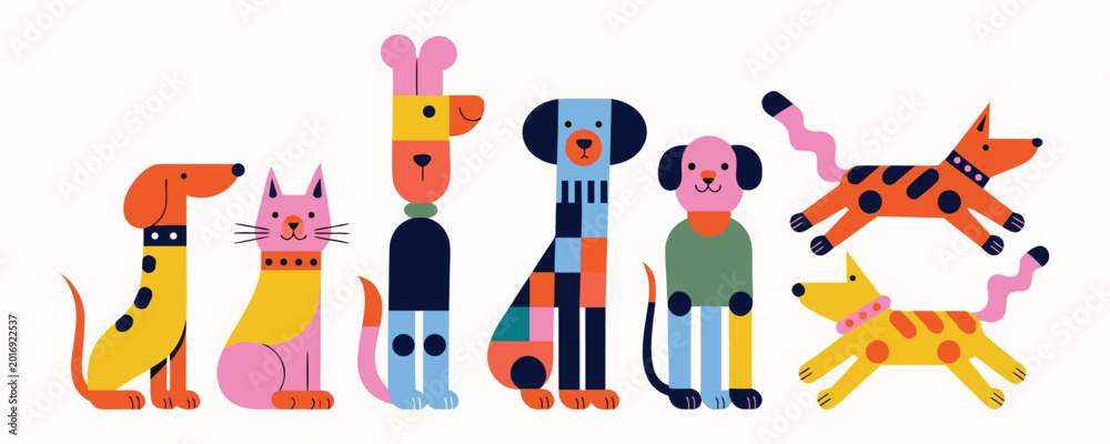 Obraz premium Cute Abstract Animal Character Collection with Colorful Cartoon Pets and Playful Modern Design