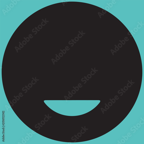 Smiling face icon, emoticon symbol, black circle, teal background, simple vector graphic