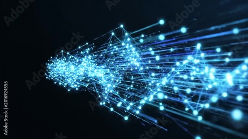 A futuristic network visualization unfolds across the screen with glowing blue lines and nodes.