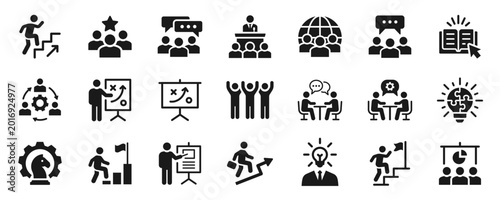 Business training solid icons set. Representing leadership, teamwork, strategy planning, communication, career growth, and professional development symbol.