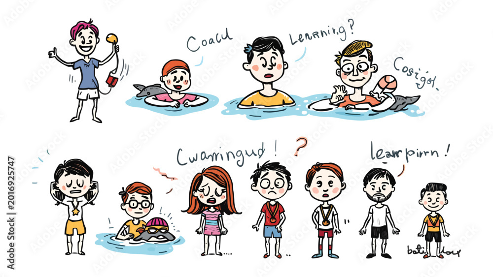 Fototapeta premium Drawn People Learning: A whimsical illustration captures a group of diverse individuals, each in a cartoon style, engaging in the process of learning.