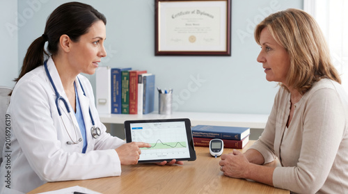 Healthcare professional discusses diabetes management with patient, emphasizing importance of self care and routine for better health outcomes