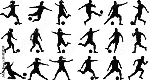 Принти на полотні Male and female soccer player silhouettes in action poses vector illustration se