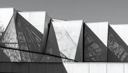 Abstract geometry of modern architecture bathed in high-contrast sunlight, showcasing intricate shadow play across angular facades and creating a compelling monochromatic visual rhythm