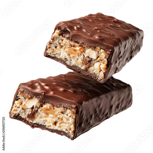Chocolate snack protein energy fitness bar with nut cereal filling isolated on white background concept of sweet treat