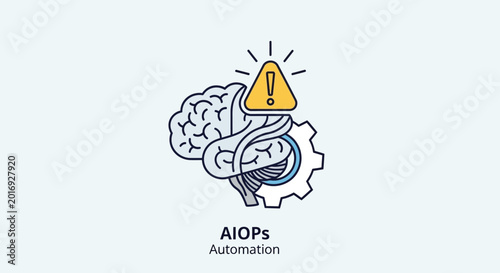 AIOps automation icon featuring human brain connected to gear with warning sign.