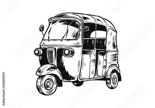 Minimalistic line drawing of a tuk tuk vehicle shown from different perspectives: front, side, and rear. Vector illustration,
