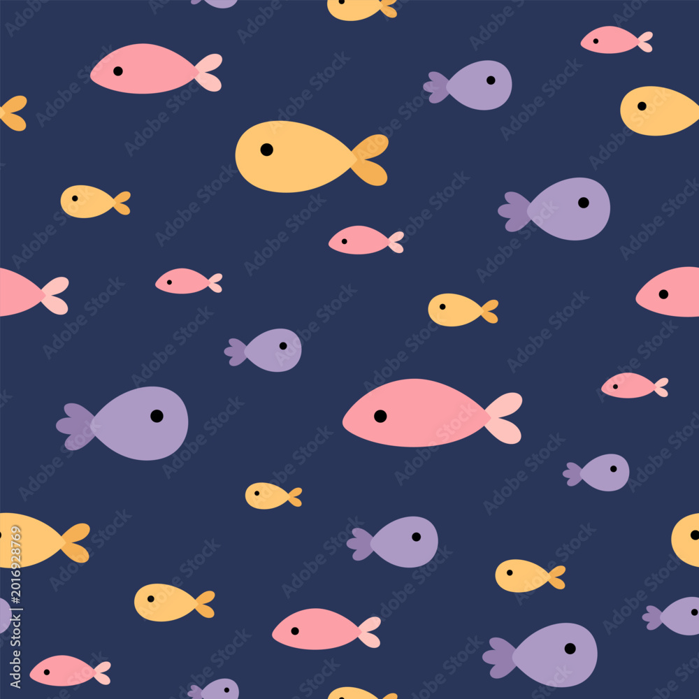 Obraz premium Colorful ocean fish seamless pattern. Minimal sea repeat background. Beach design. Vector illustration.