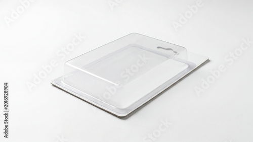 Transparent plastic blister packaging mockup on white surface for product display