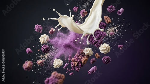A captivating cascade of creamy white liquid, vibrant purple powder, and delicious baked confectionery in an energetic culinary composition, showcasing dynamic flavor fusion