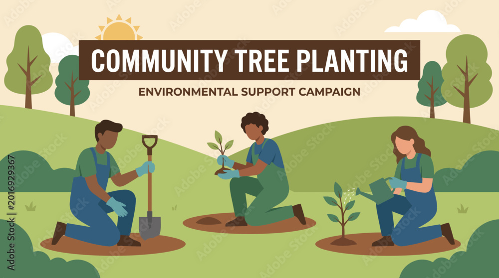 Naklejka premium Community tree planting environmental campaign.