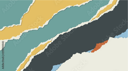 Abstract torn paper layered background with textured ripped strips, earthy colors, and modern collage vector design.