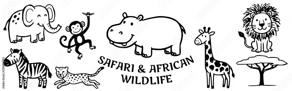 Fototapeta premium Safari and African wildlife Doodle Vector Illustration