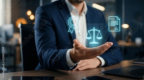 Businessman holding glowing hologram with law scales, certificate, and award icons. Legal compliance, business standards, and professional achievement concept.