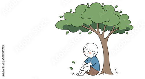 Sad little boy sitting under tree.