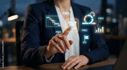 Businessman touching holographic PMO interface with project management icons. Digital workflow, planning optimization, and business process management concept.
