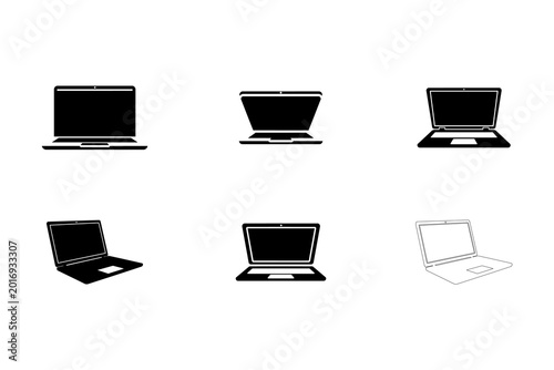 Collection of six black and white laptop computer icons in various positions and styles