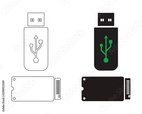 Vector illustration of usb flash drives and sd cards in black and white