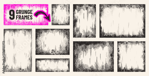 Rough photo frame grafitti. Background with paint paper border. Vector overlay set. Rough brush texture paint frames with old vintage effect. Grunge edge border. Black overlay grafitti photo poster bg