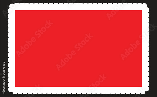 The image features a vibrant red rectangle with a serrated white border, resembling a stamp, set against a stark black background with a white base
