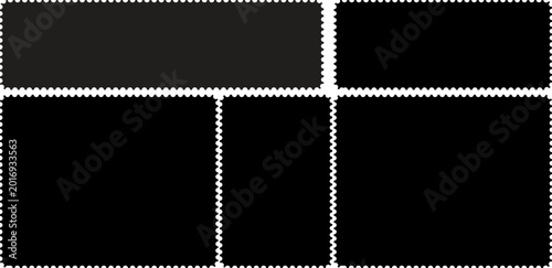Collection of six blank black postage stamps with white background