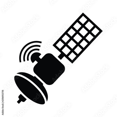 Black satellite icon isolated on white background with signal waves