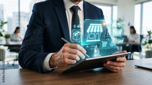 Businessman holding tablet with glowing e-commerce hologram icons. Digital retail, omnichannel business, and online shopping technology concept.