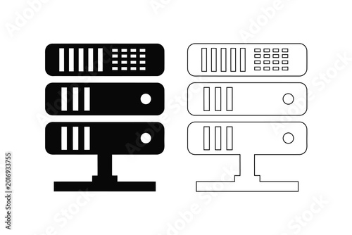 Black and white server computer icons in various styles and designs