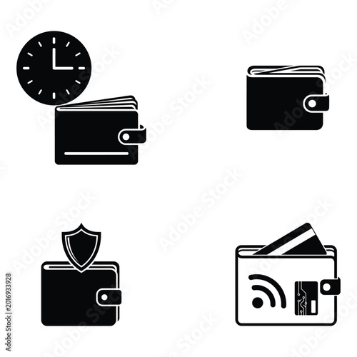 A set of four black wallet icons with various symbols on a white background